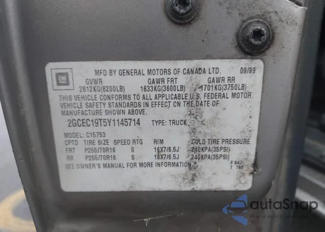 2000 Chevrolet Silverado 1500 Ls z USA, uszkodzony, nr VIN 2GCEC19T5Y1145714